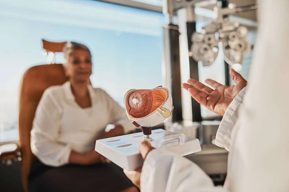 Eye doctor holding an anatomical eye model and explaining eye health to a patient seated in an exam chair with a phoropter, representing the patient education approach at One EyeCare 